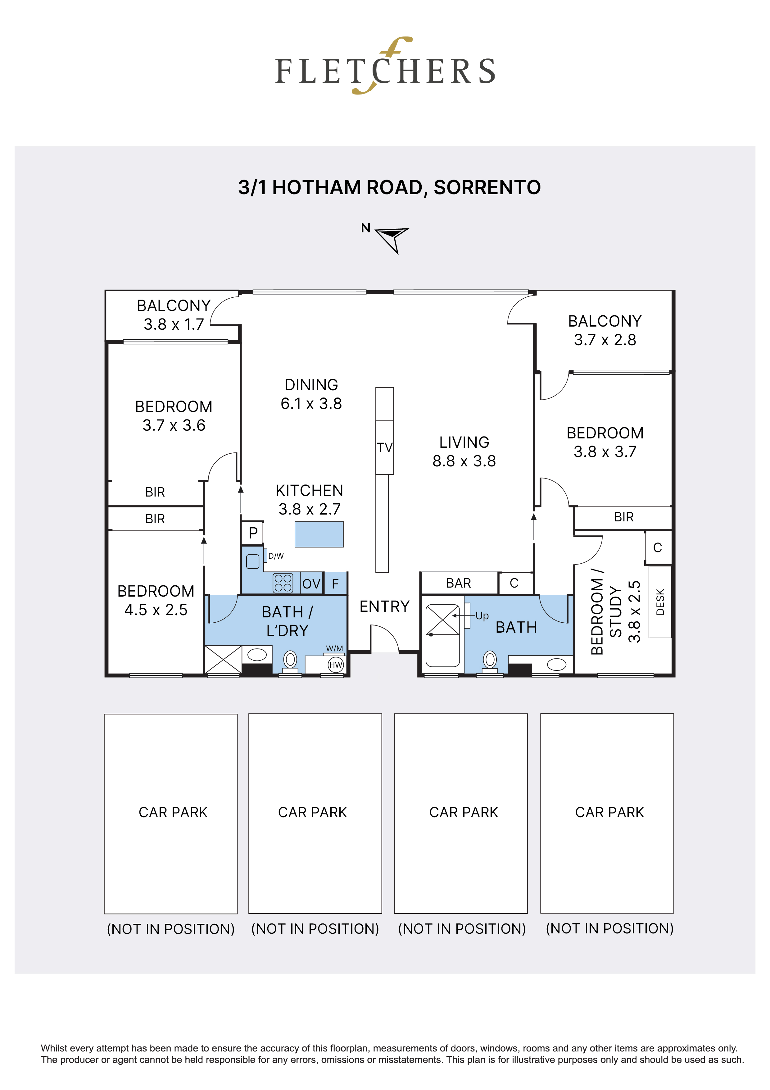 Supplied Fletchers floorplan showing four bedrooms, two bathrooms, two balconies and four car spaces