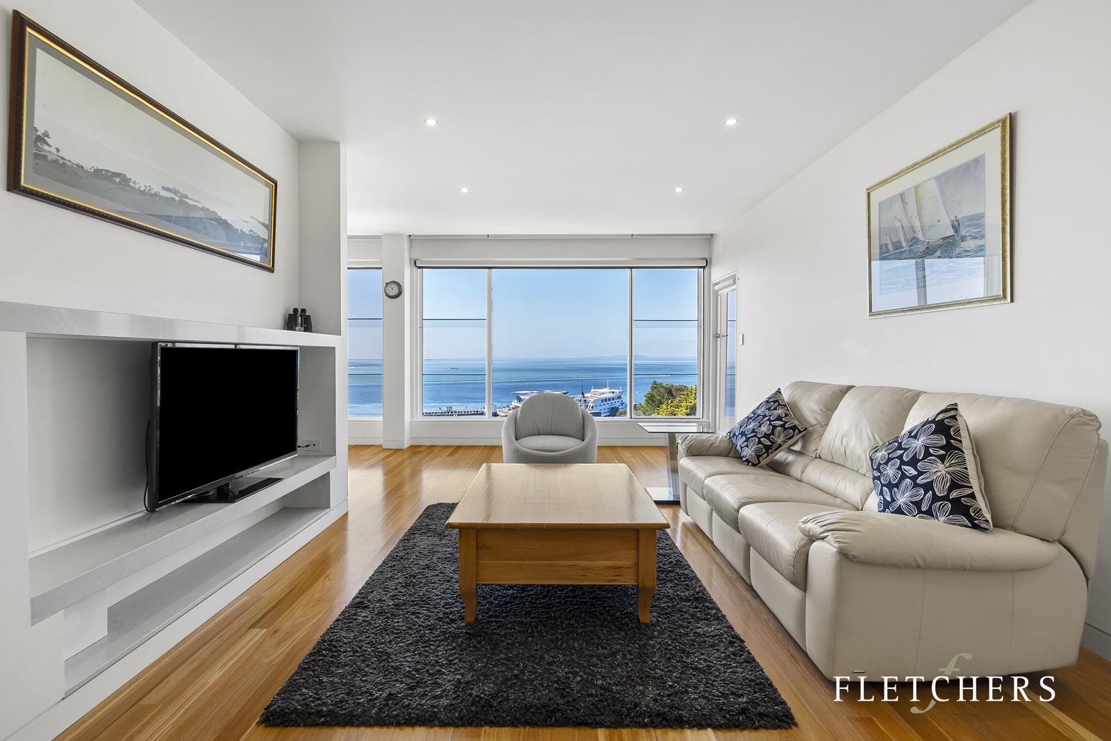 Living room with bay outlook